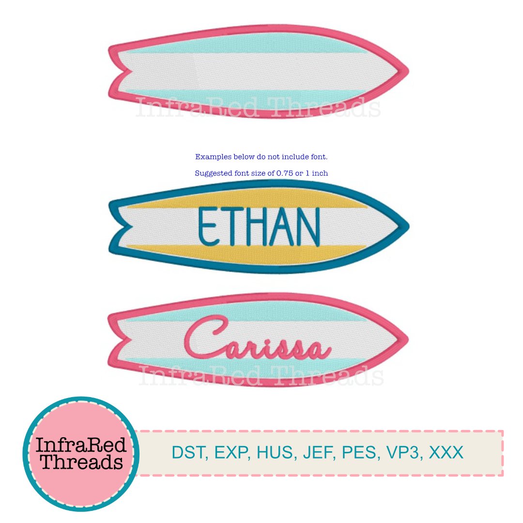 Wider surfboard embroidery monogram frame for names or initials