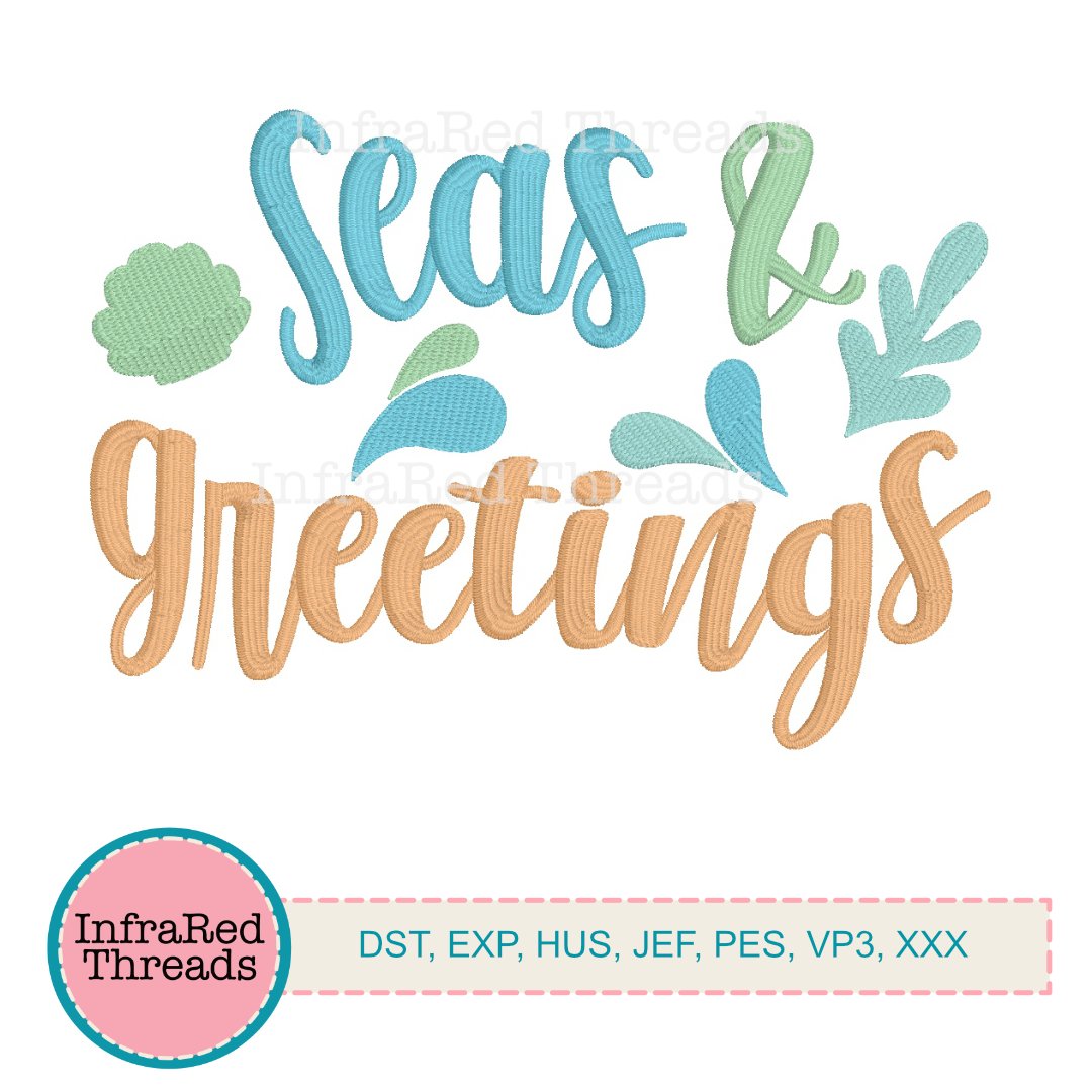 Seas & Greetings embroidery design with playful lettering, waves, and tropical accents