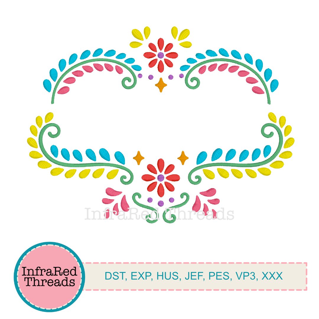 Colorful folk-style embroidery design with floral scrolls and center space for a name or monogram