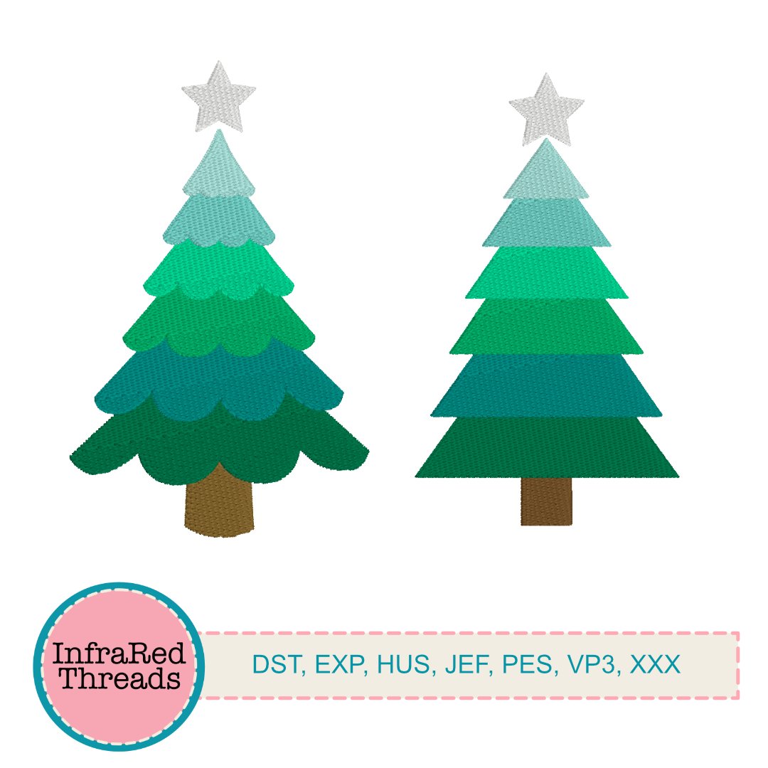 Layered Christmas tree embroidery design in two festive styles