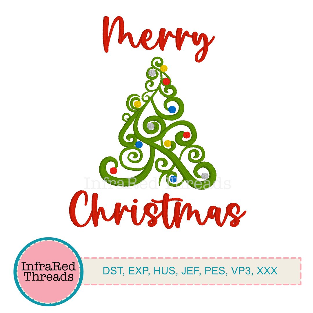 Merry Christmas swirly tree embroidery design, 4.6x5.6 size
