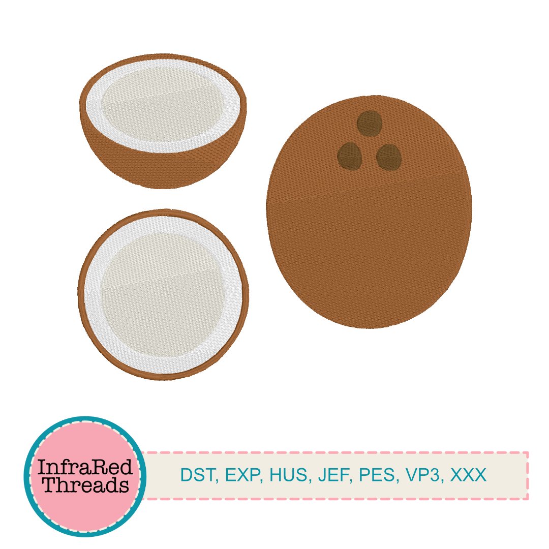 Coconut Embroidery Design Set – Whole, Half & Slice – Tropical Instant Download