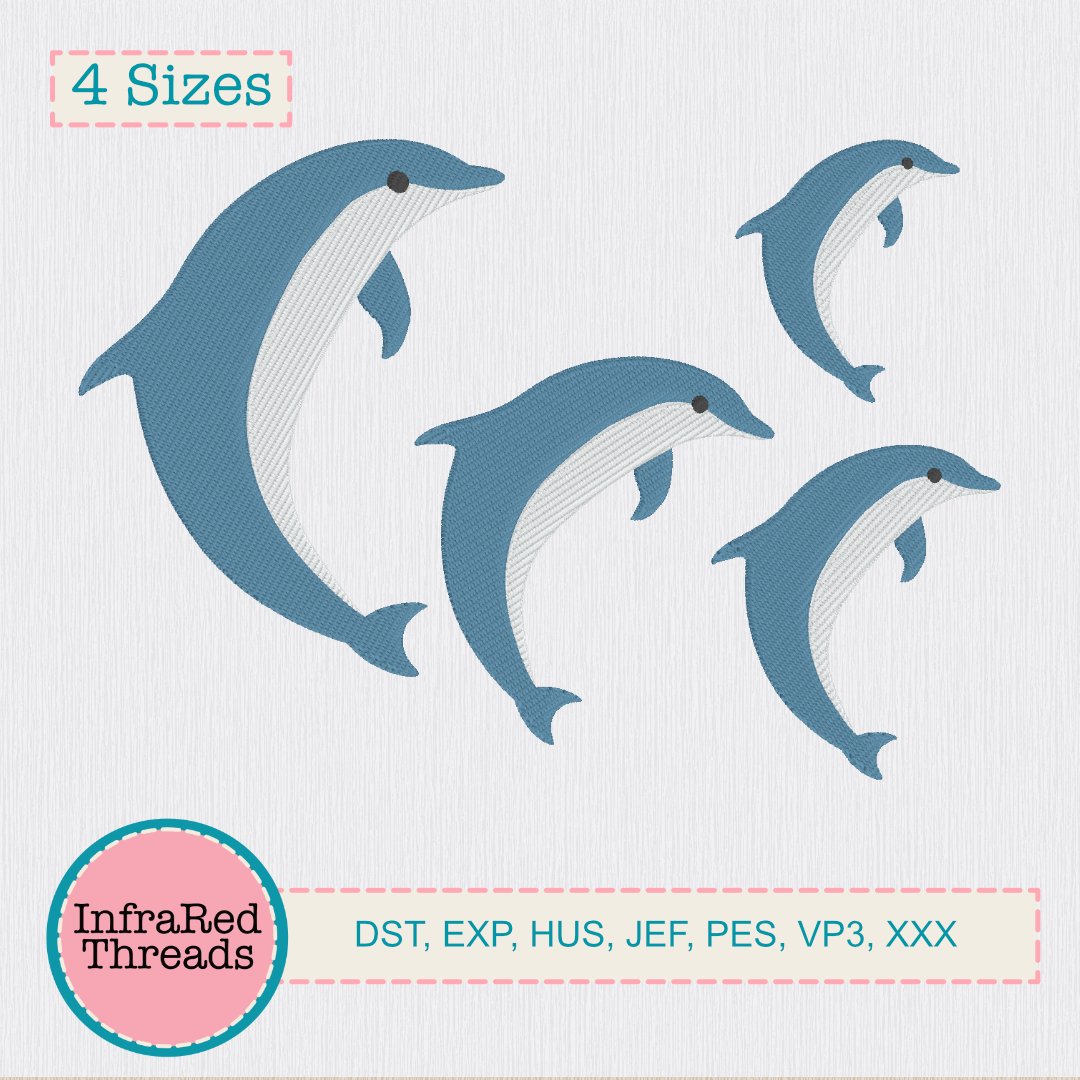 Swimming dolphin embroidery design shown in four sizes on a white background