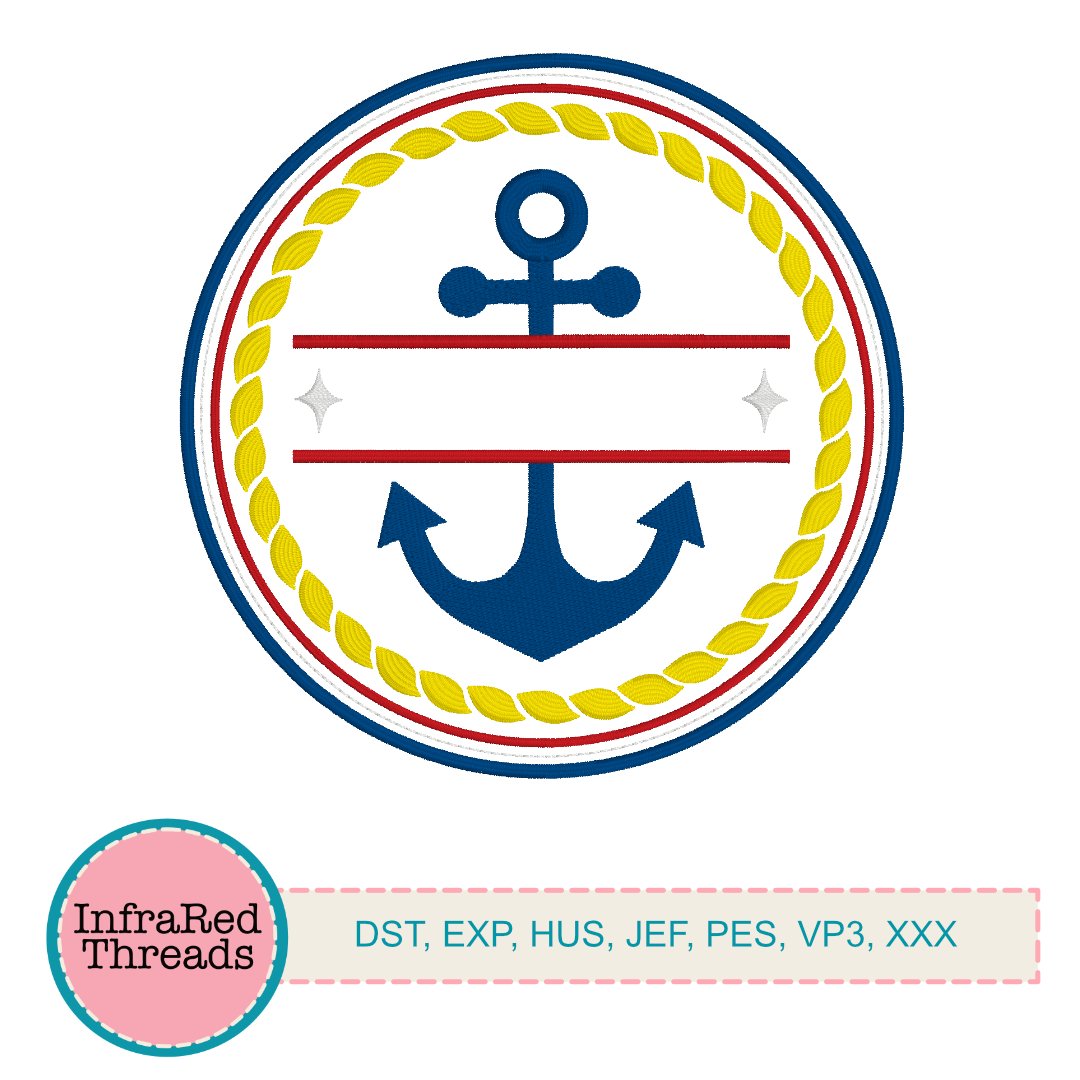 Circular embroidery design with rope border, navy anchor, red split lines, and white stars