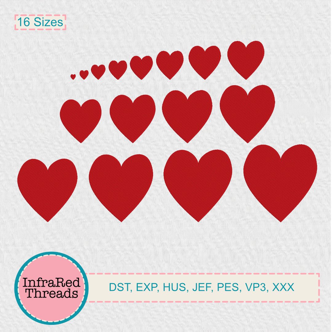 Set of 16 classic heart embroidery designs in various sizes