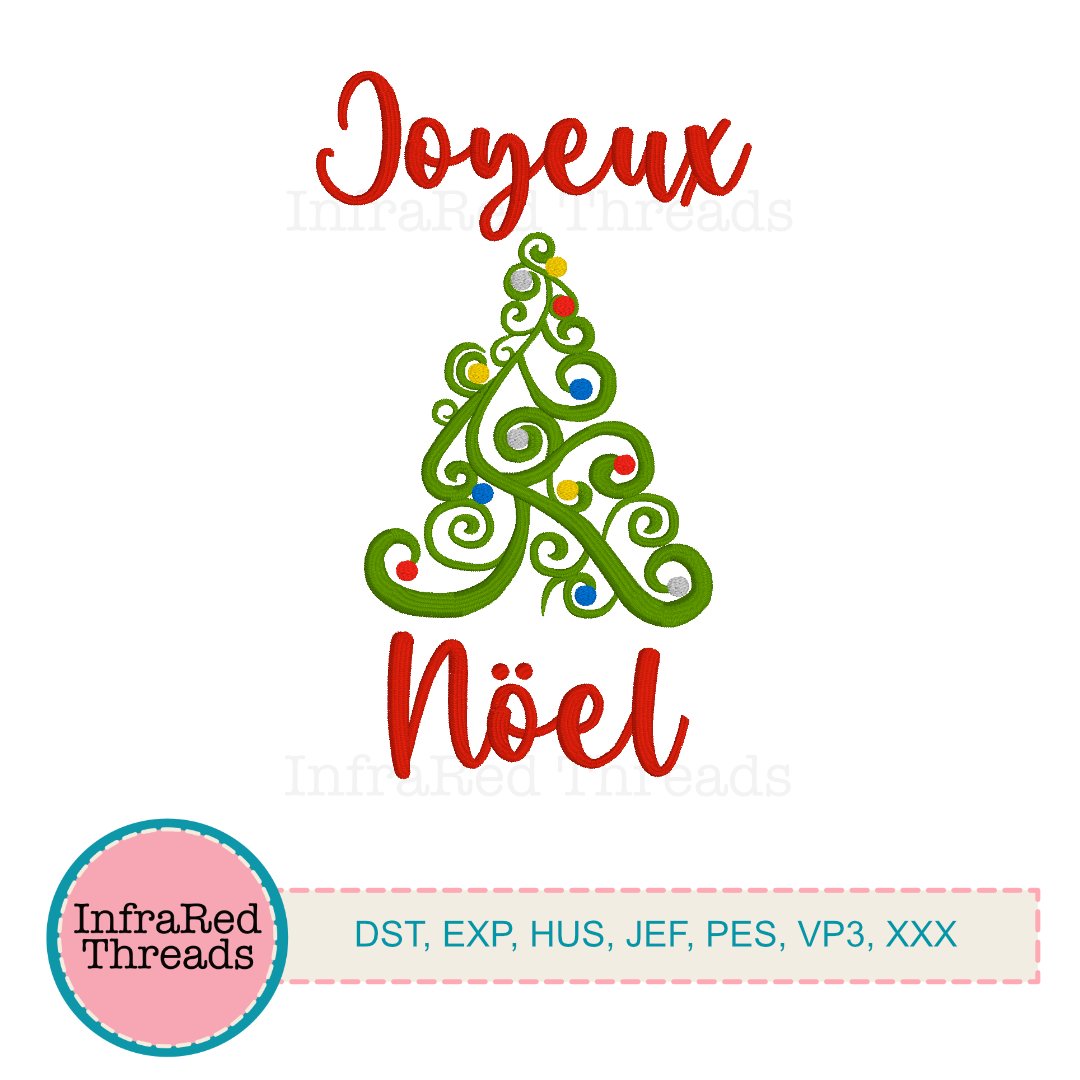 Joyeux Noël swirly Christmas tree embroidery design, 3.6x5.5 size