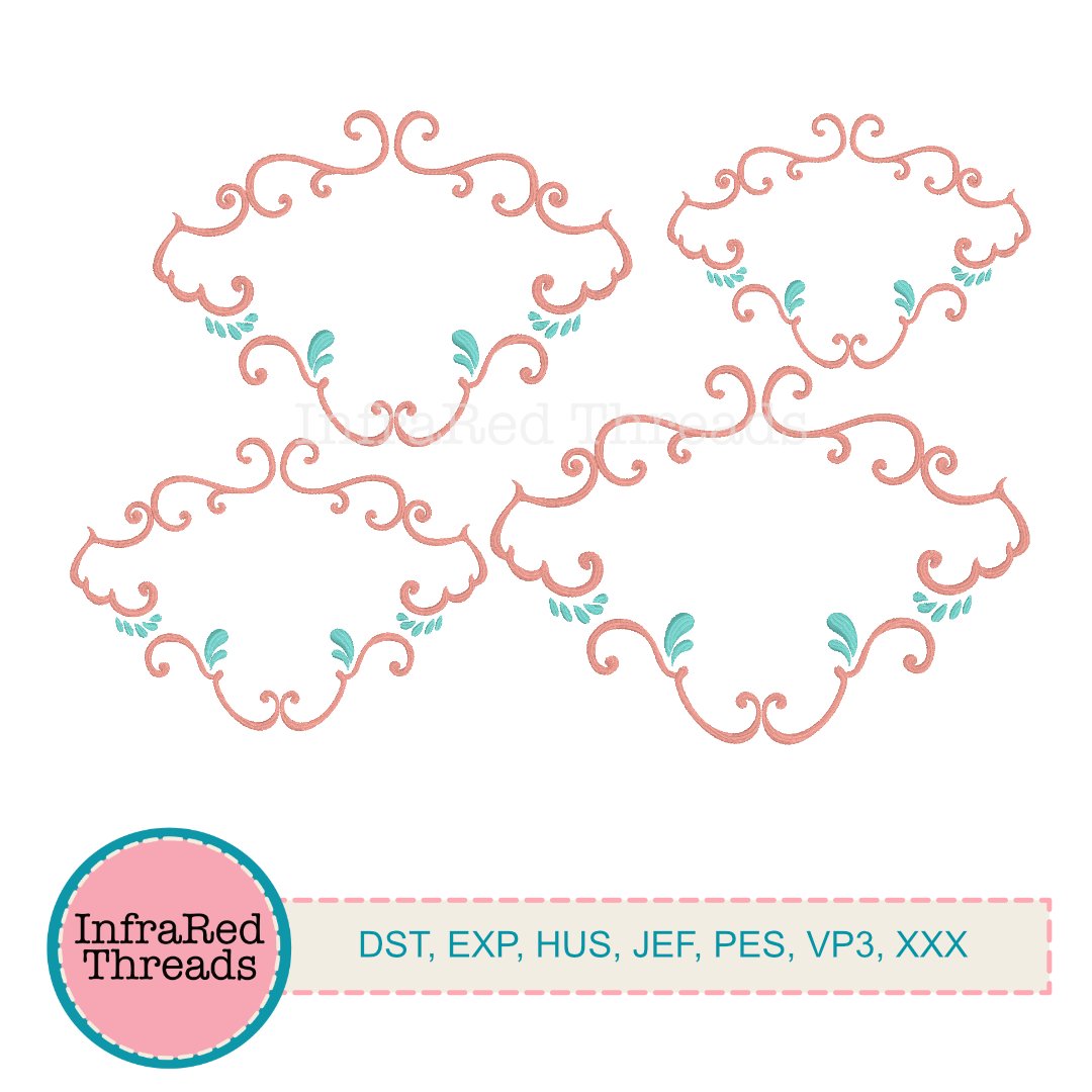 Whimsical baroque monogram frame embroidery design with scrolls and ornate curves