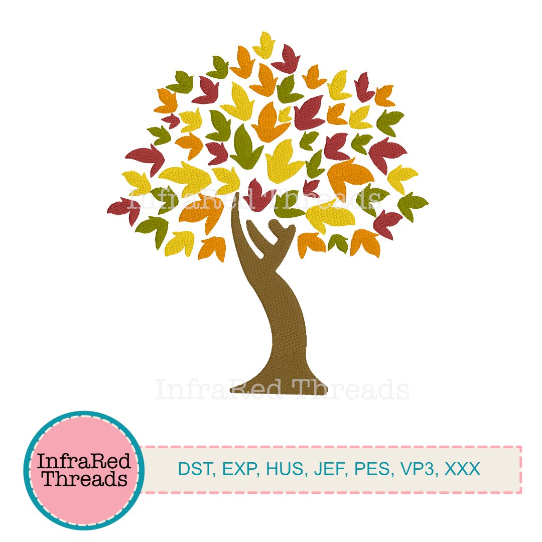 Fall tree embroidery design with colorful leaves in 5x5.62 inch size