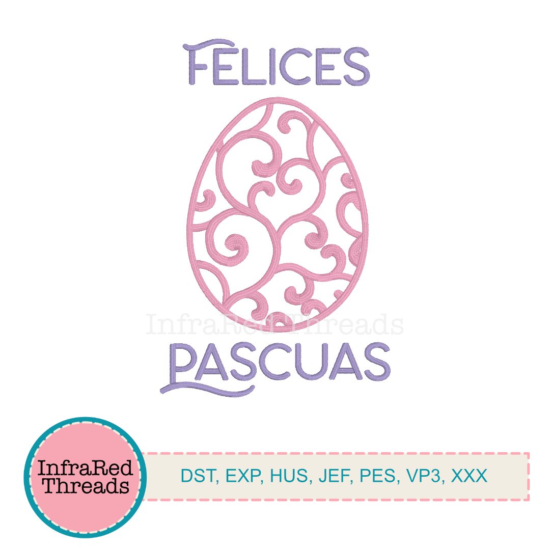Felices Pascuas embroidery design with ornate filigree egg, 4x6 size