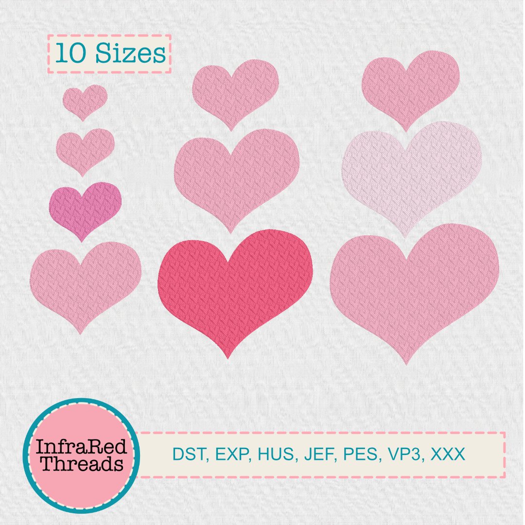 Embossed heart embroidery designs in 10 sizes with inner heart detail