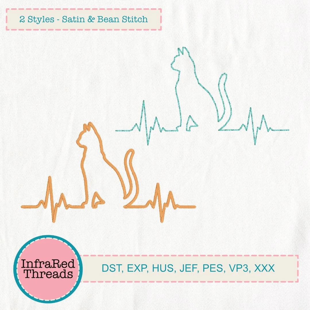 Cat Heartbeat Pulse Line Embroidery Design – Single Line Satin and Bean Stitch Styles