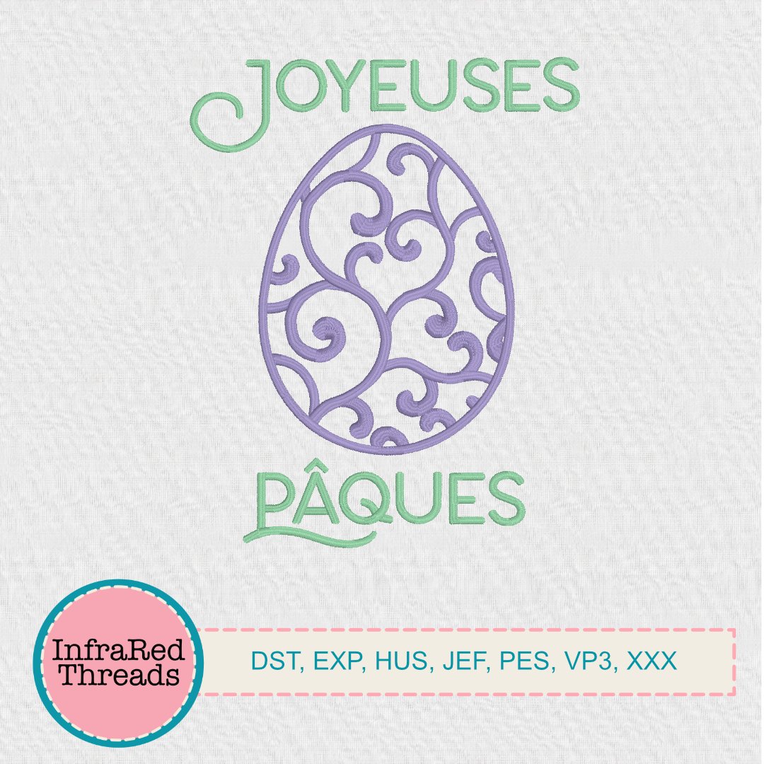 Joyeuses Pâques embroidery design with ornate filigree Easter egg, 4.75x6 size