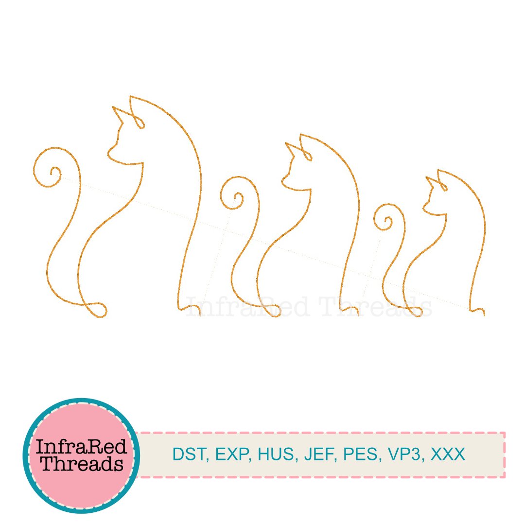 Single line curled tail cat embroidery design in three sizes
