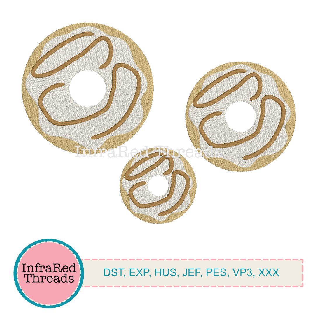 Round doughnut embroidery with white icing and tan drizzle