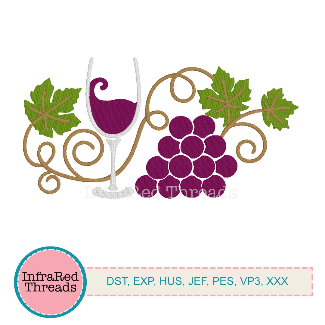 Wine glass with red wine, grapevine scrolls, and purple grape cluster embroidery design in 6x3 inch size