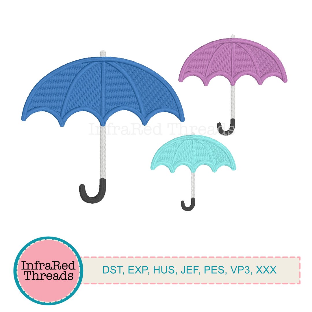 Three colorful embroidered umbrella designs in small, medium, and large sizes