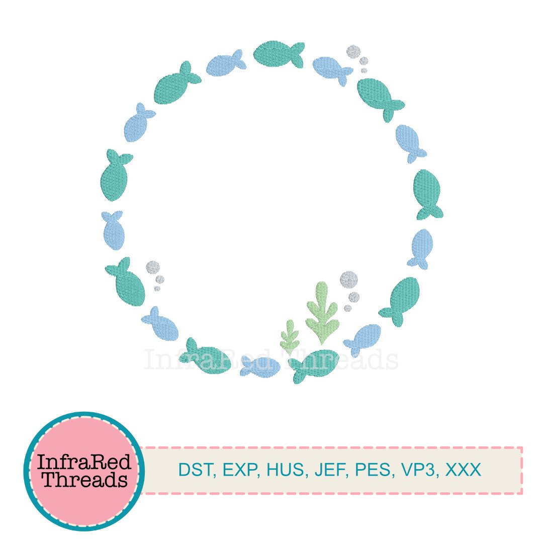 Round embroidery frame with blue and teal fish, bubbles, and seaweed forming a circle