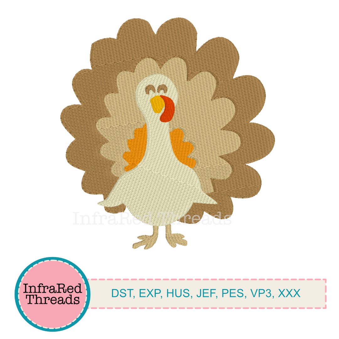 Cute Thanksgiving turkey embroidery design with fall feathers