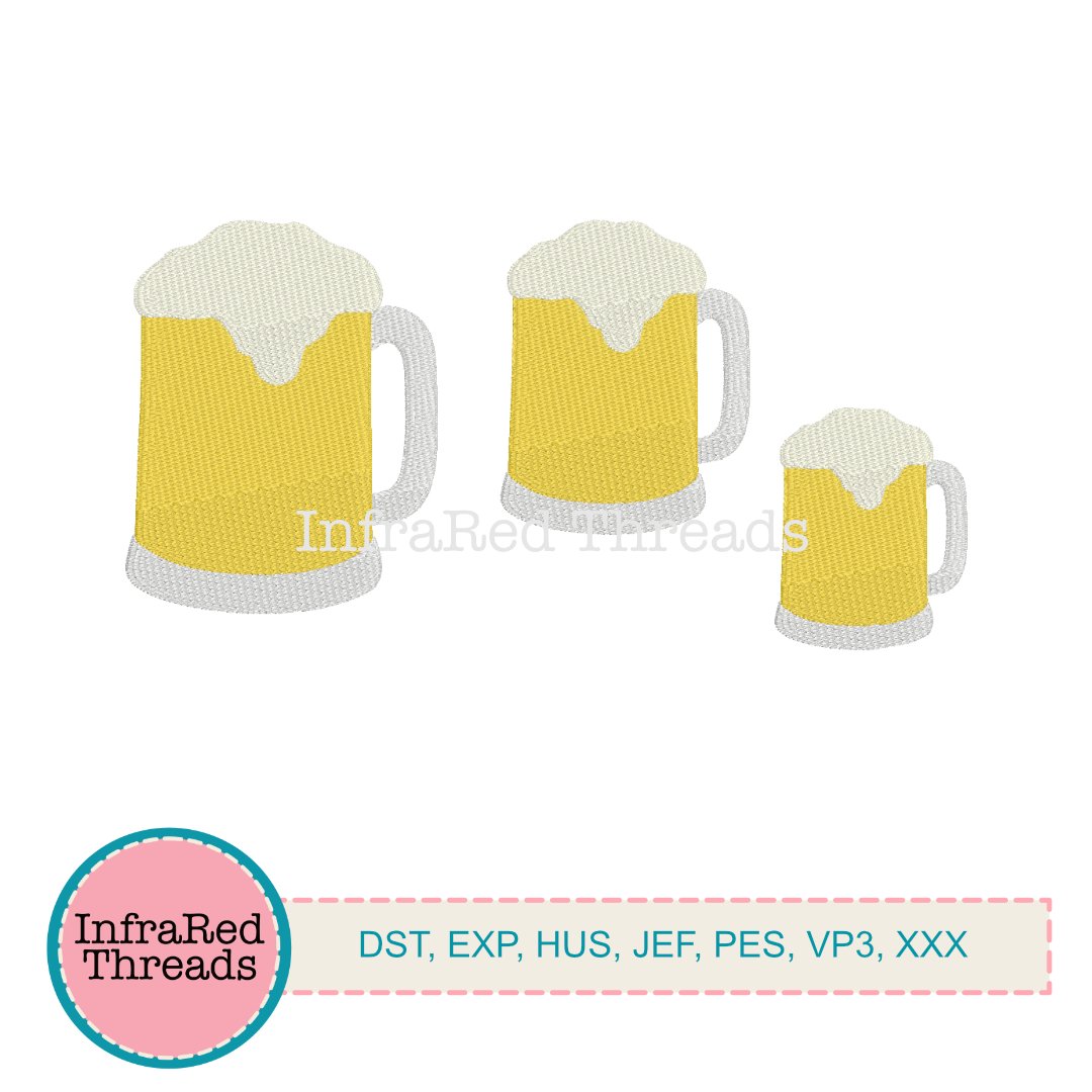 Beer mug embroidery design with white foam and golden fill shown in three sizes