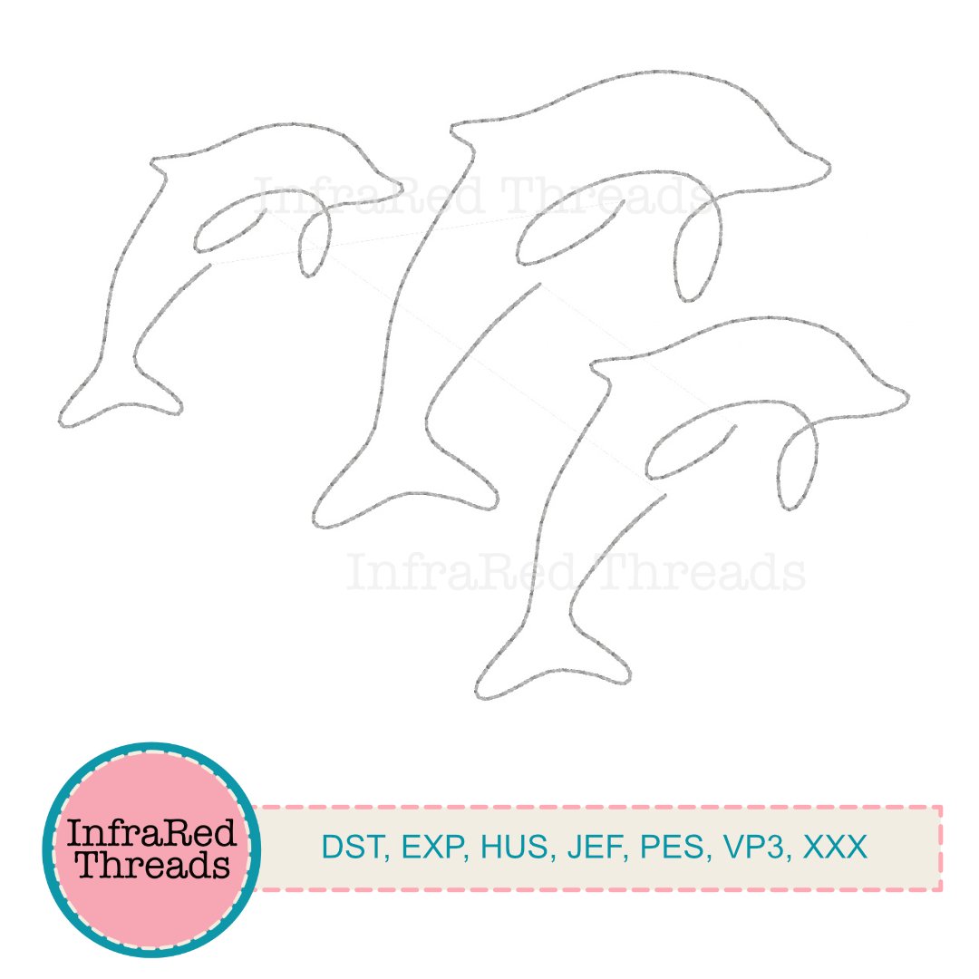 Single line dolphin embroidery design in three sizes