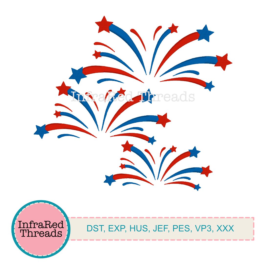 Fireworks machine embroidery design in half and full styles, shown in three sizes from small to large