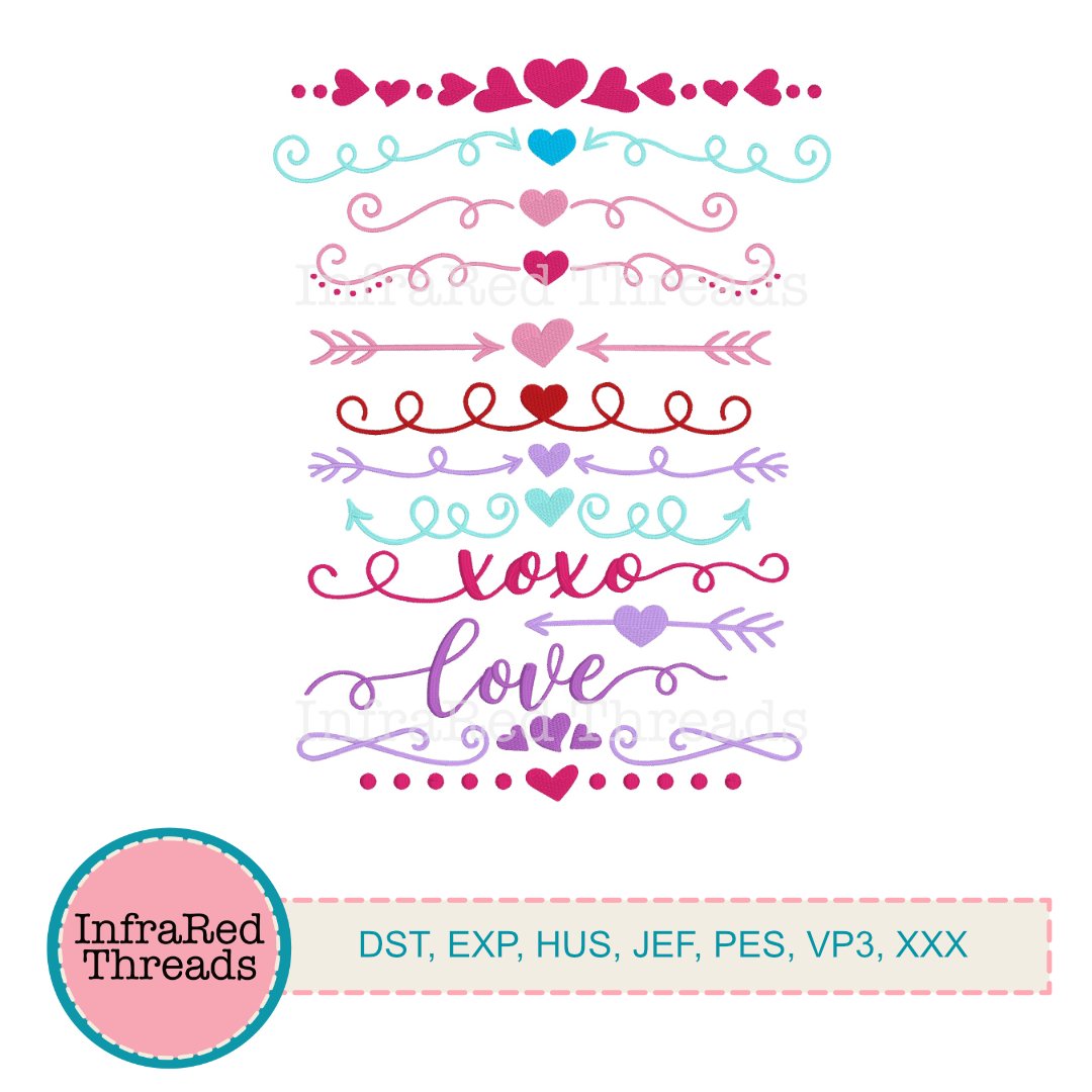 Valentine Decorative Elements Embroidery Design Set – 13 Love-Themed Borders & Motifs