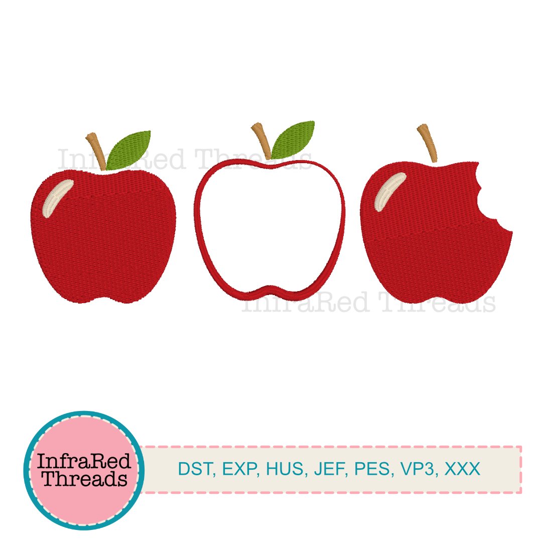 Three red apple embroidery designs including whole, bitten, and outline styles in 2-inch size