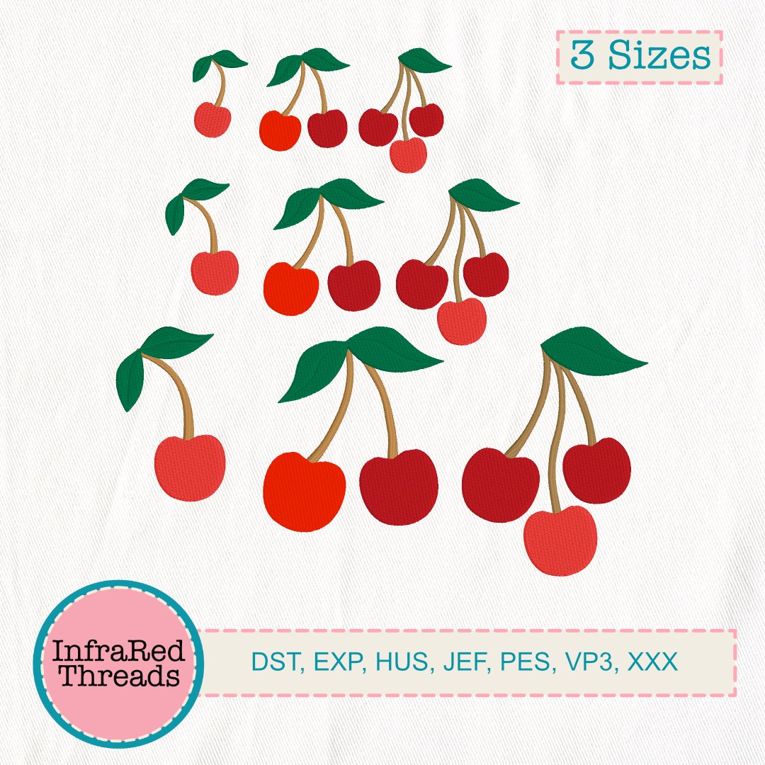 Embroidered cherry designs in single, double, and triple groupings with green leaves and red fruit