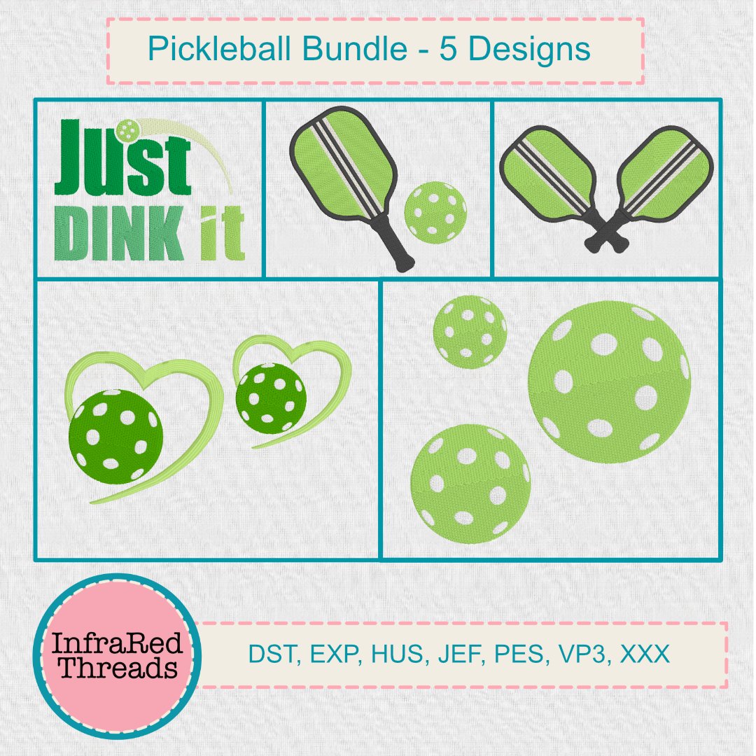 Pickleball embroidery bundle with paddles, balls, hearts, and “Just Dink It” design