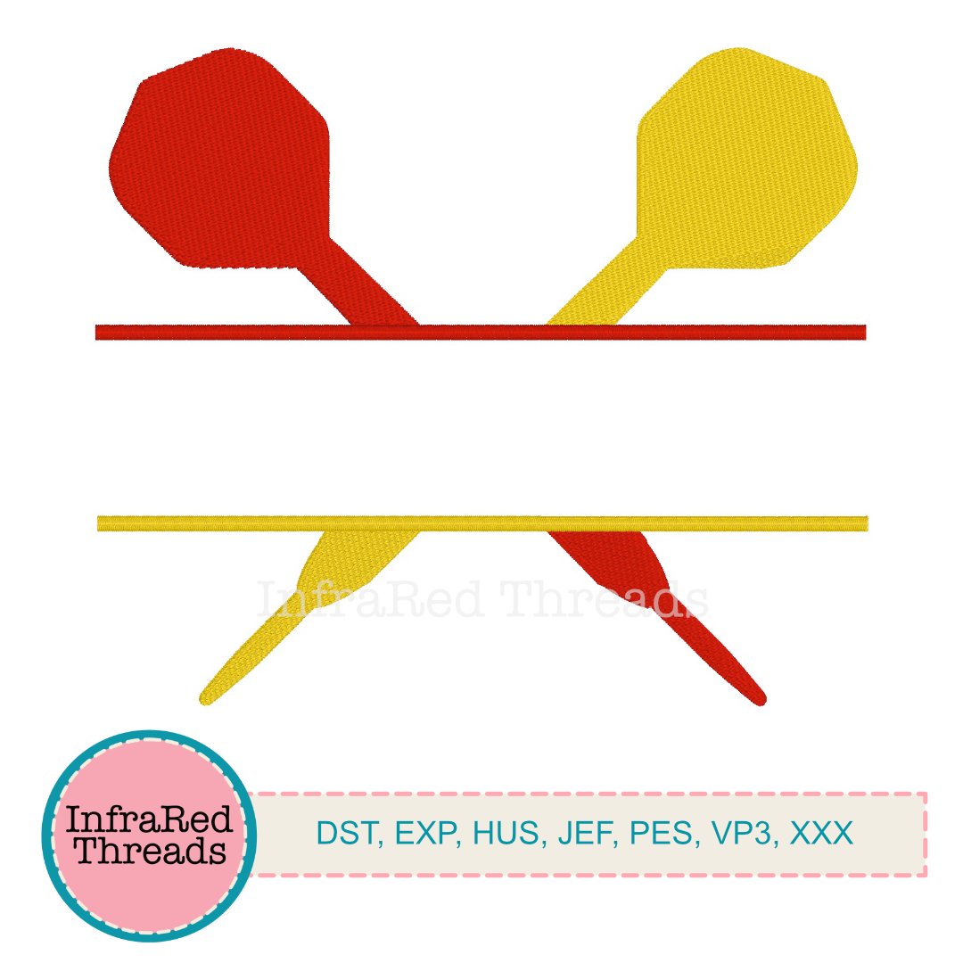 Embroidery design of two crossed darts forming a horizontal monogram frame