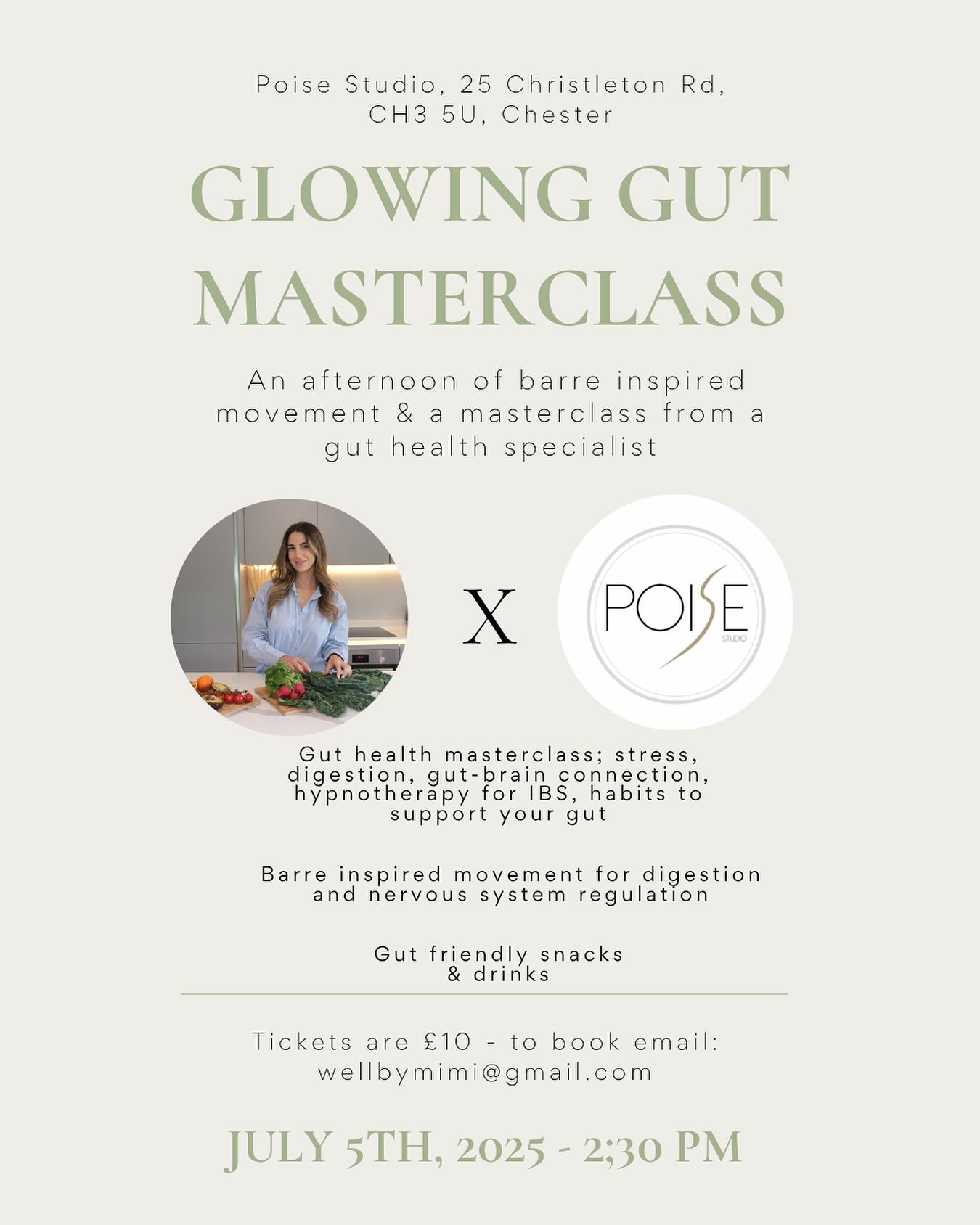 Join myself and @poisestudiochester on Saturday 5th July for an afternoon of movement, mindfulness, and gut health! 🥑✨
 💫 Barre-inspired movement to connect your mind and body 💫 Gut Health Masterclass covering how to support your digestion through