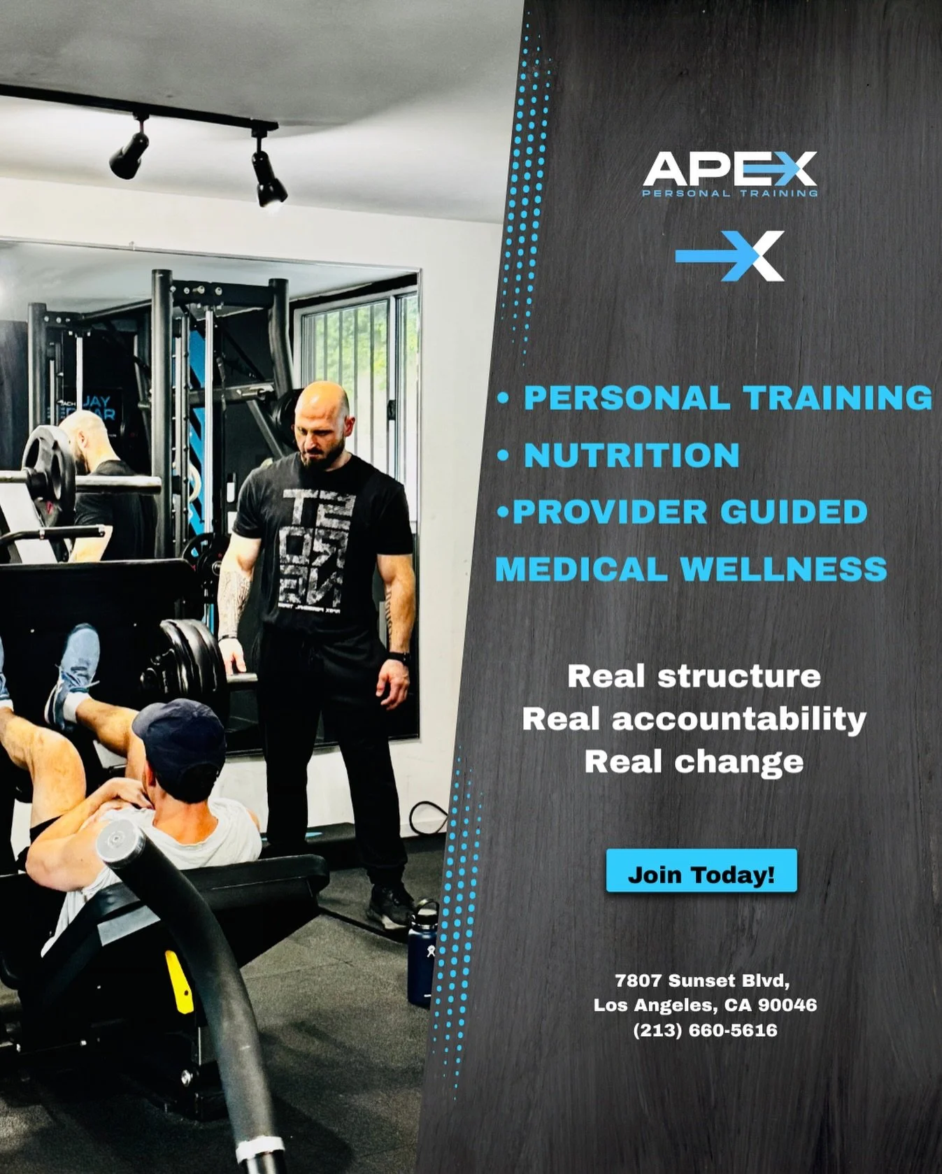 The Apex approach:

✔ Personal Training
✔ Nutrition
✔ Provider-Guided Medical Wellness

Built for people who want real structure, real accountability, and real change.

📍 7807 Sunset Blvd
Los Angeles, CA 90046

#westhollywood #personaltraining #fitn