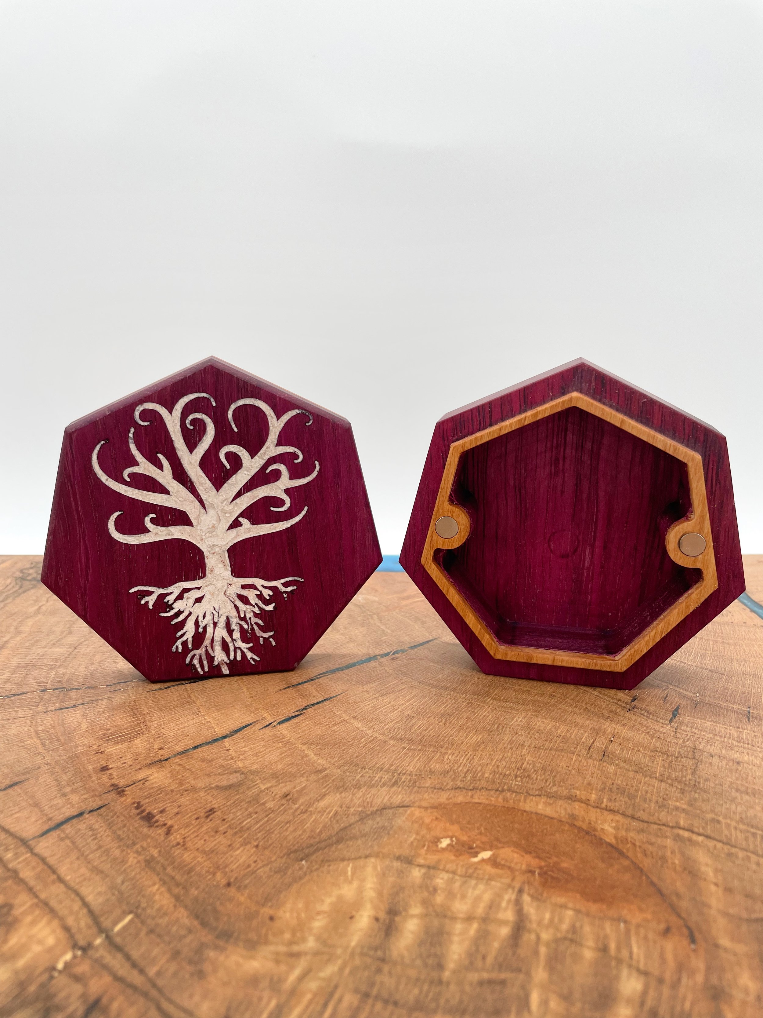 purpleheart tree of life stone inlay dice box.jpeg