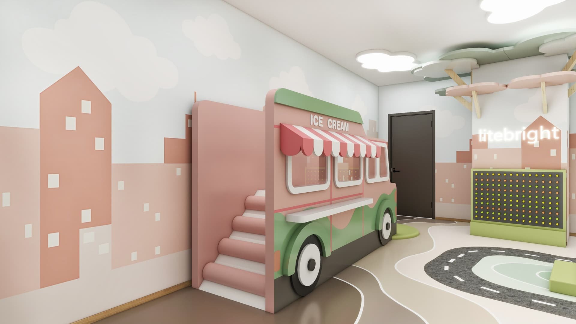 A pastel pink and mint foam-sculpted ice cream truck adds an imaginative twist to the room—perfect for pretend play and social development.