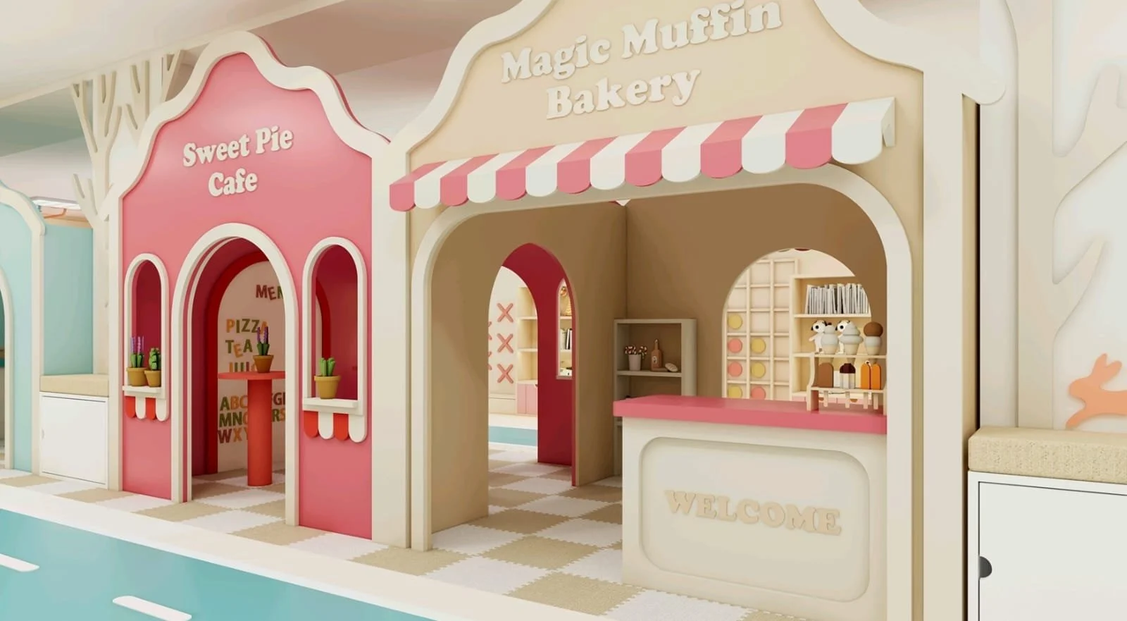 A miniature café storefront with bright awnings, counter seating, and a chalkboard menu. Designed for imaginative role-play, this area lets children act as baristas, customers, and café owners in a fun, safe setting.