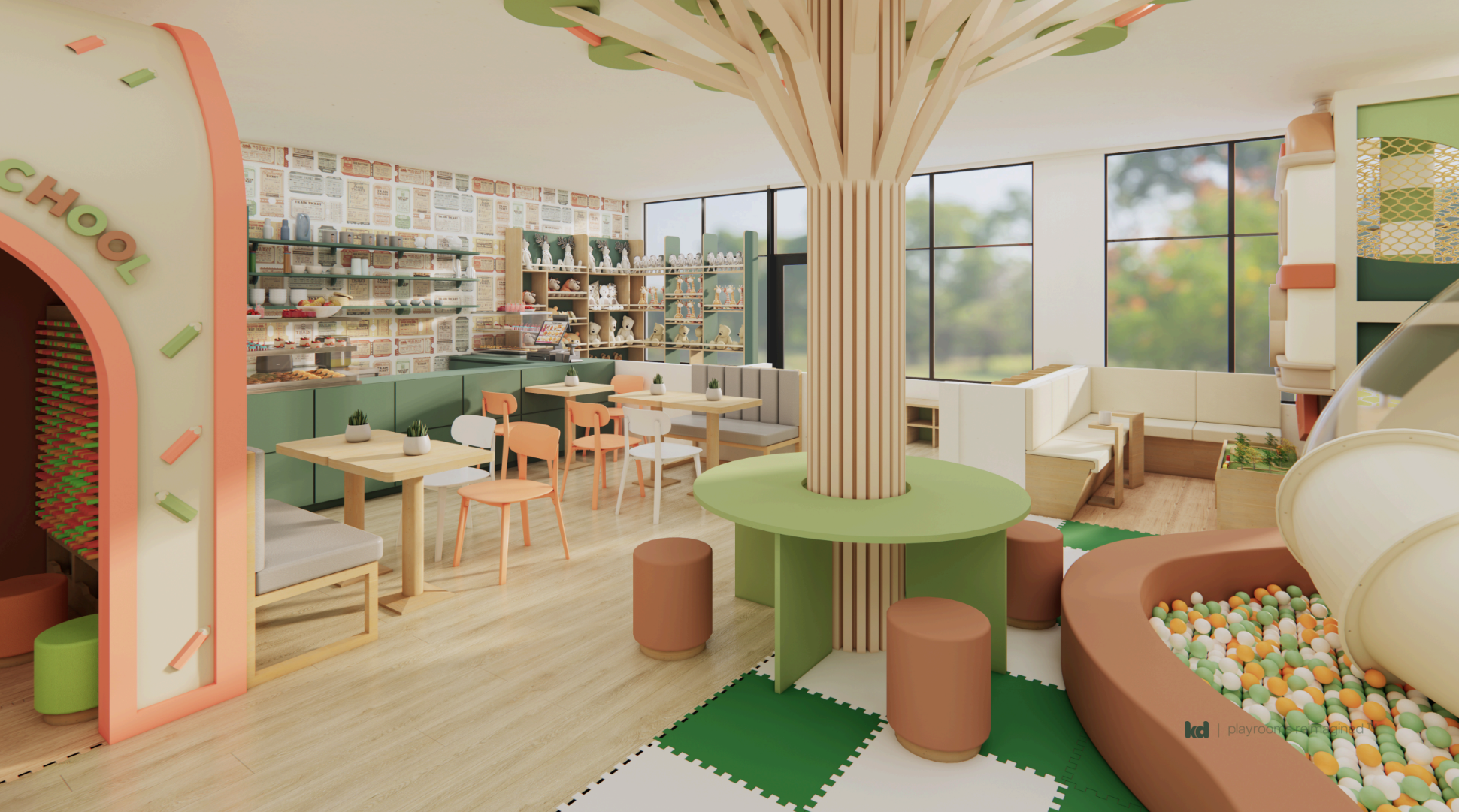 This beautifully designed family café blends seamlessly with the play area. Natural wood, muted greens, and playful elements create a calm, cozy environment for parents to relax while children explore.