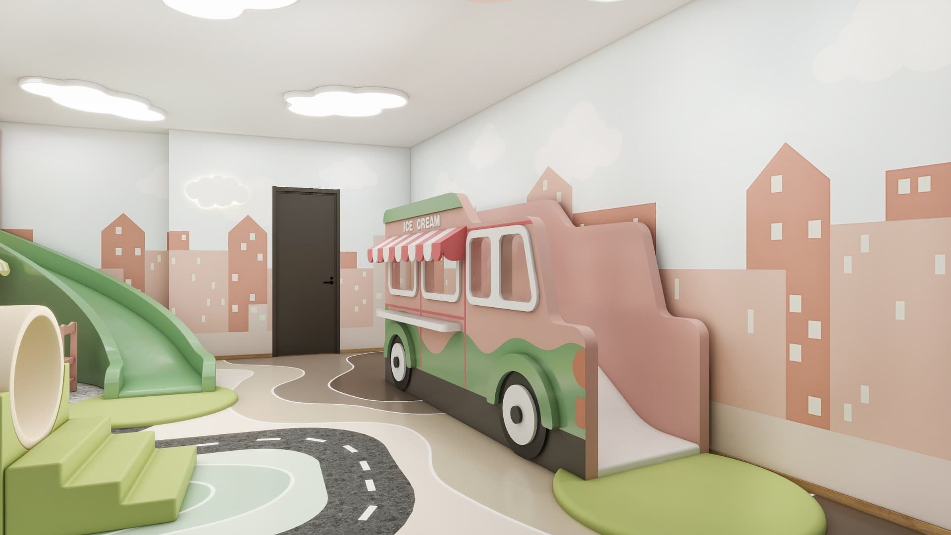 An expansive, city-themed play space featuring trampolines, an obstacle course, and interactive structures like a Supermarket and Corner Café—all softened by cloud-shaped ceiling lights.