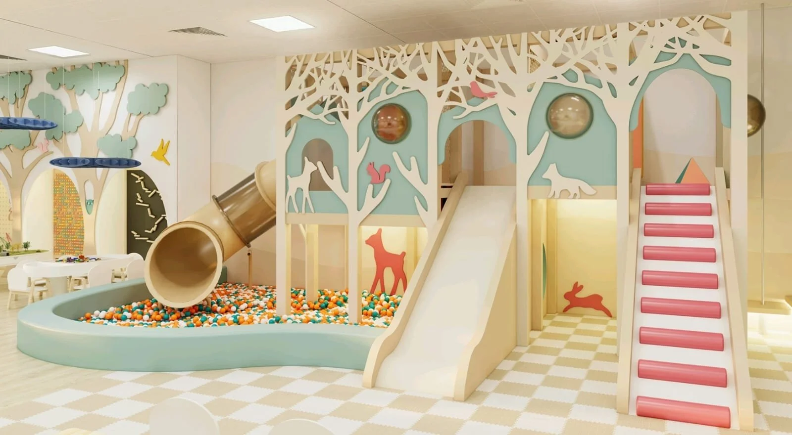 An active play zone with rope bridge platforms, suspended stepping pods, and elevated play tunnels. Designed for gross motor skill development and adventurous play in a safe environment.