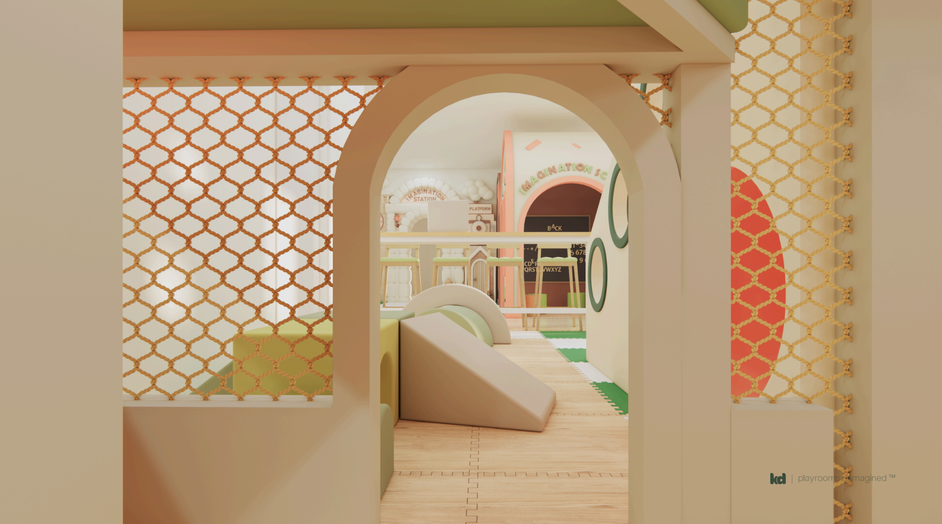 Step into a world of wonder through this arched play tunnel, offering a peek into themed play zones like the "Imagination School" and "Imagination Station." Designed with soft foam structures and enclosed with safety mesh, this space invites safe exp