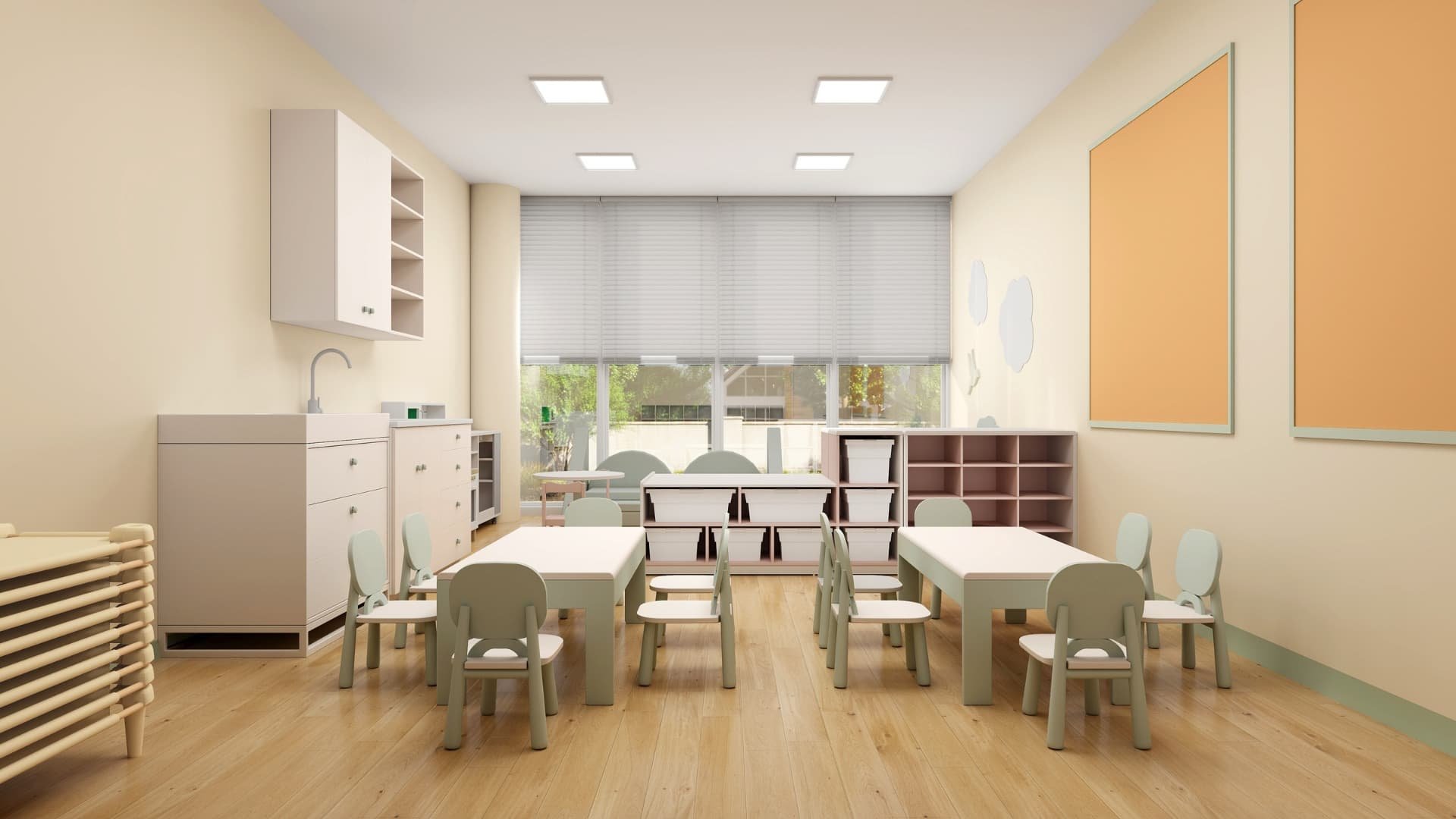 A light-filled classroom designed for focus and flexibility. Soft tones, natural wood floors, and organized storage create a structured yet serene learning environment.