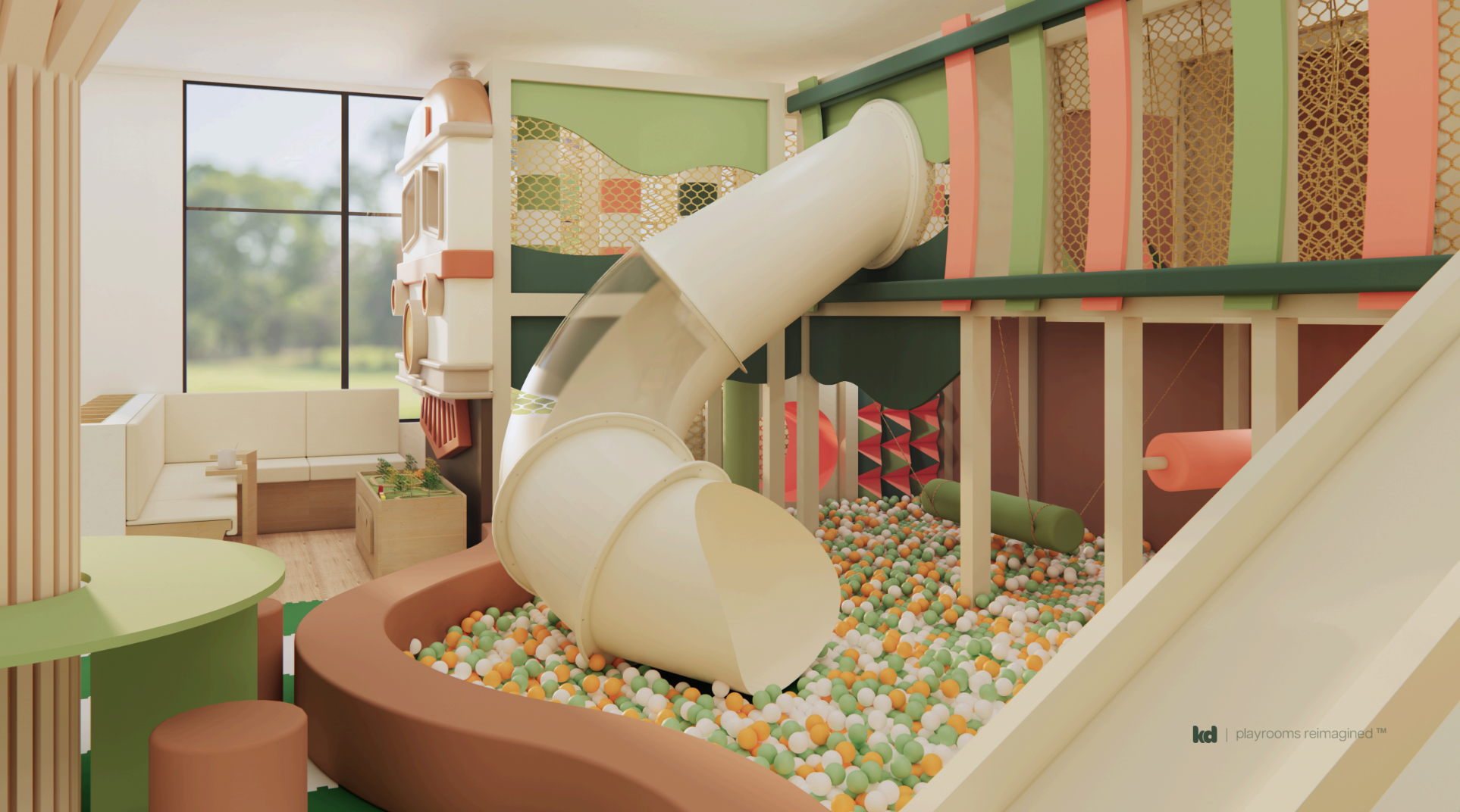 A climbing wall with porthole windows and a smooth slide creates endless fun. Adjacent is a quiet corner with high-top tables—ideal for working parents or supervision.