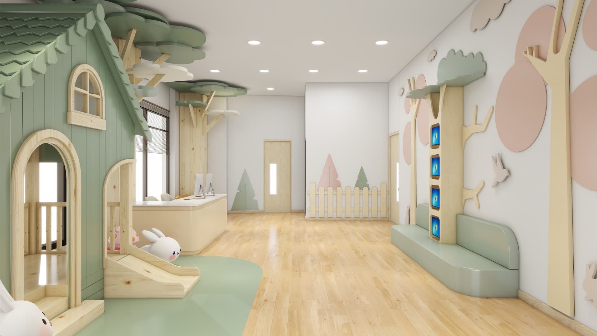 Step into a space that feels like a hug. The lobby welcomes families with soft lighting, gentle wood tones, and whimsical details like tree-shaped structures and a charming playhouse tucked beneath a canopy of clouds. Thoughtfully designed to be both