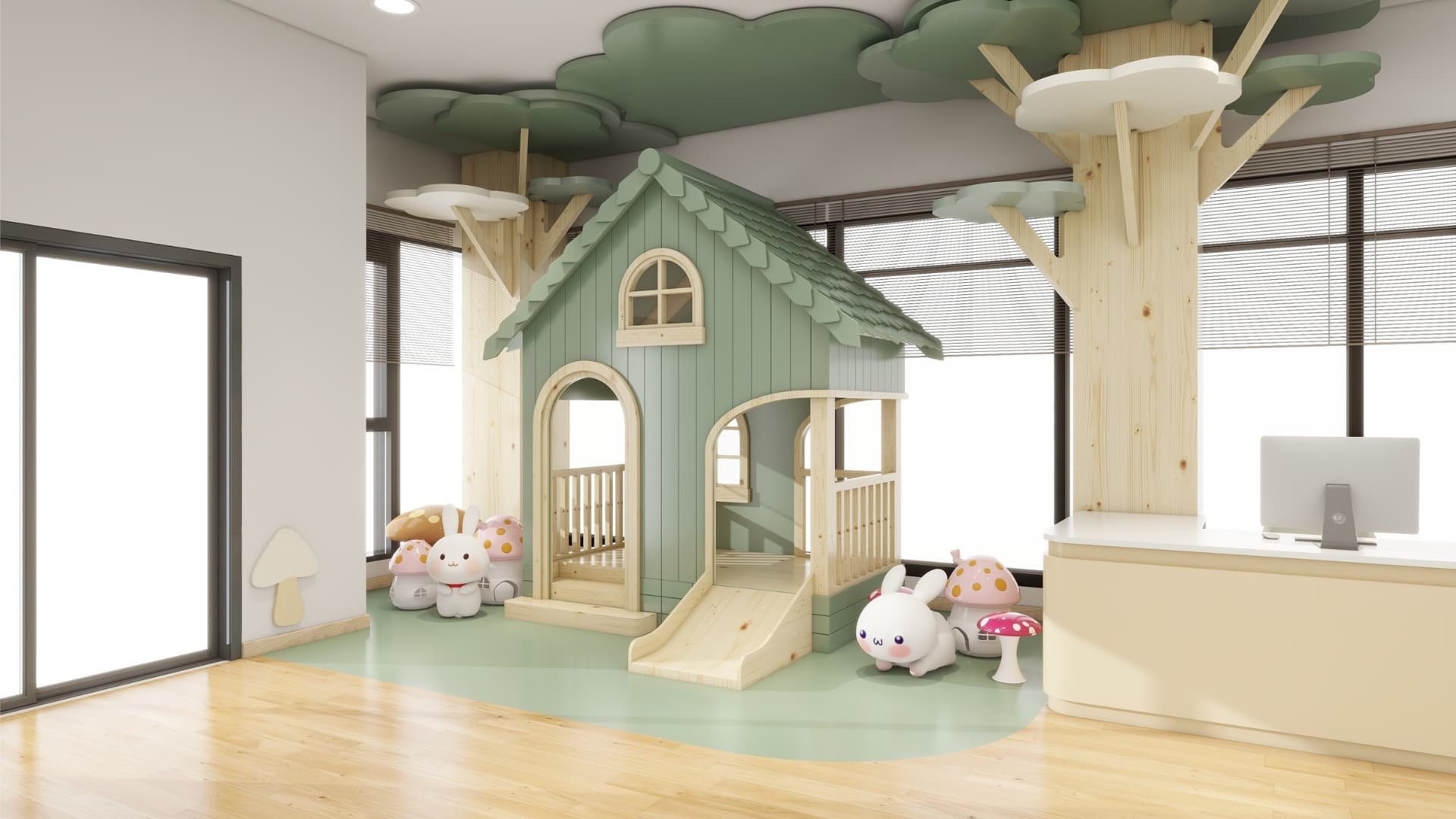 The front desk area features tree-inspired structures, soft seating, and playful textures, balancing form and function for families checking in.