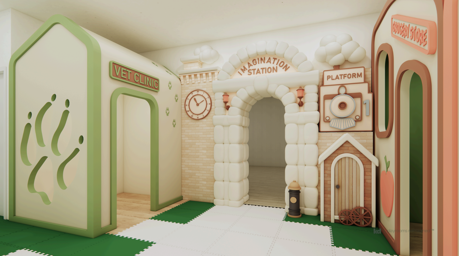 Kids can visit the vet, shop at the grocery store, or travel through the train platform in this interactive mini-town. Each facade is crafted with foam and wood detailing for immersive play.