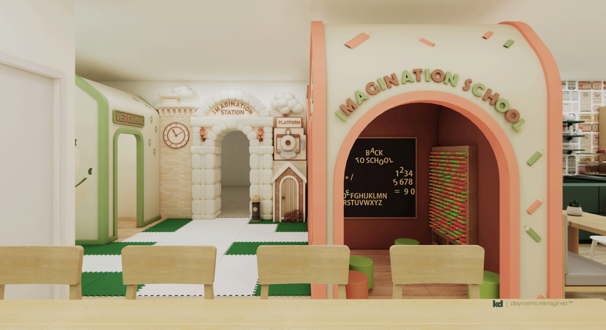 This charming pretend play village includes a whimsical "Imagination School," a playful vet clinic, and the iconic "Imagination Station" train arch. Perfect for role-playing and learning through imaginative exploration.