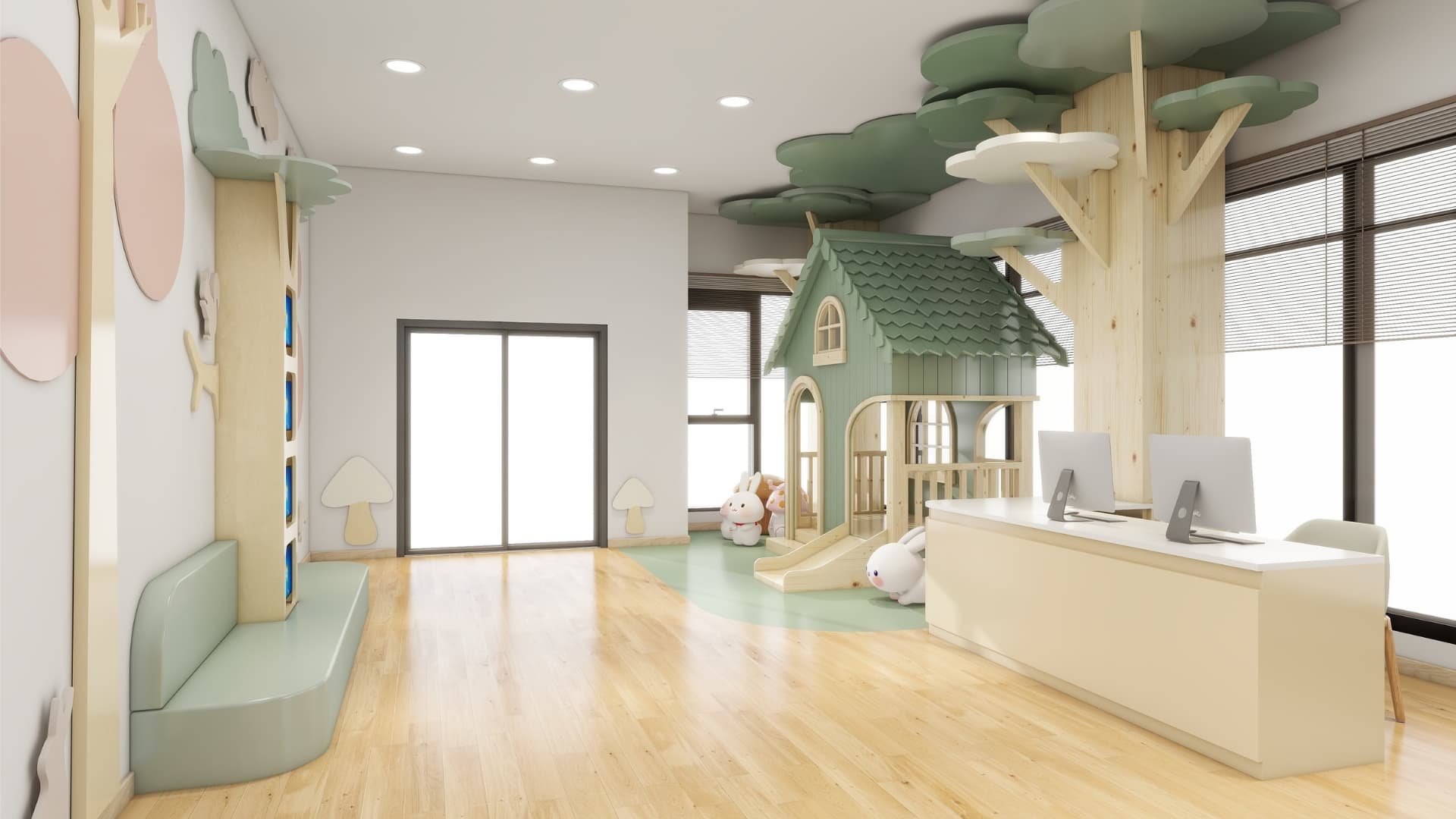 Lobby – First Impressions Matter
A magical forest-themed entryway with a playhouse and friendly bunny characters welcomes every visitor with warmth and whimsy.