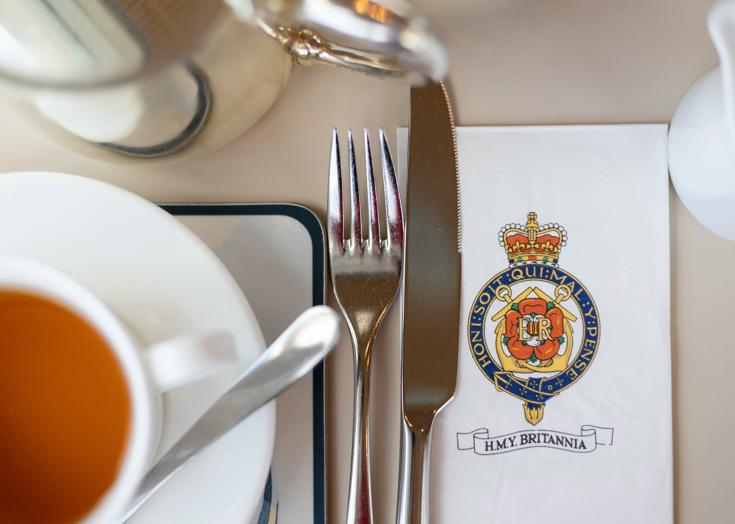 These napkins are so popular with guests, and they always add a lovely pop of colour to the tea room table settings.  #royalyachtbritannia #royaldecktearoom #edinburghphotographer #tea
