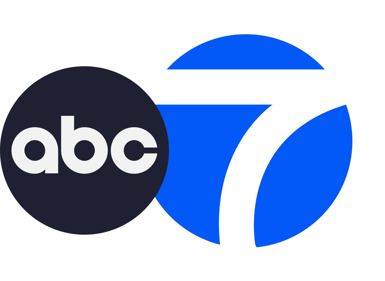 LOGO of ABC7, a lowercase white 'abc' inside a dark circle, overlapping a larger blue and white '7' logo.