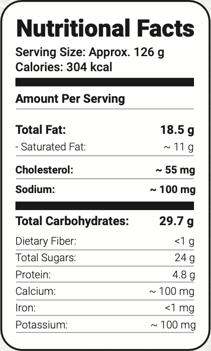 Nutrition facts label showing serving size, calories, fats, cholesterol, sodium, total carbohydrates, dietary fiber, sugars, protein, calcium, iron, and potassium.