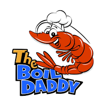 A cartoon lobster wearing a chef's hat, holding a fork, with the text 'The Boil Daddy' below.
